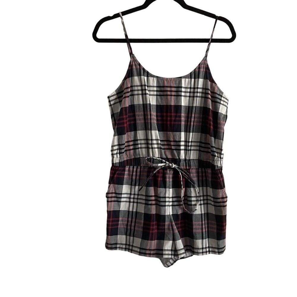 Lou & Grey Women Petite S Plaid Flannel Scoop Neck Spaghetti Straps Romper
